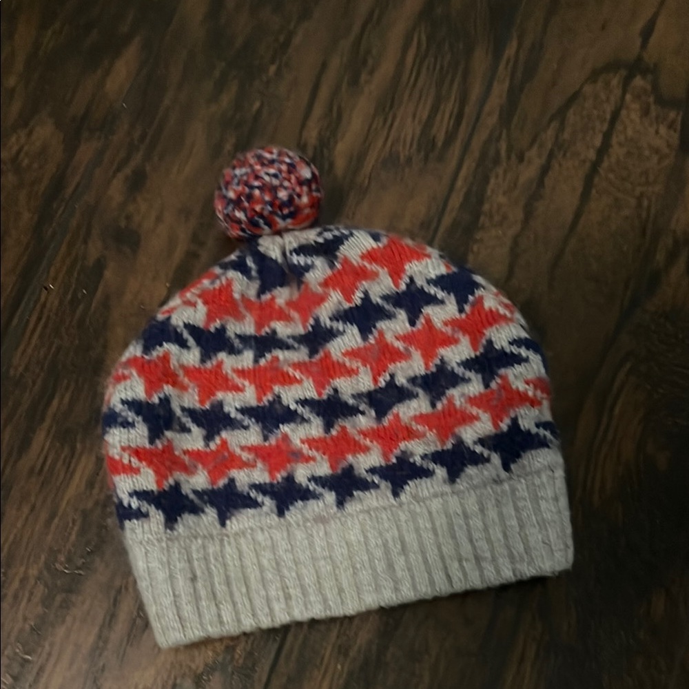 Red and Blue Zigzag Knit Hat with Pom-Pom